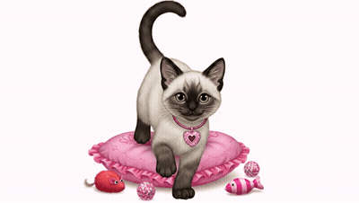 A Kitten Is Playing With A Fish On A Pink Pillow GIF