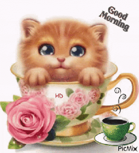 A Kitten Is Sitting In A Cup Of Coffee Next To A Rose And A Cup Of Coffee . GIF