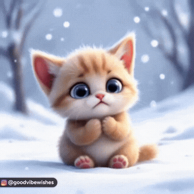 A Kitten Is Sitting In The Snow With Its Paws Crossed GIF