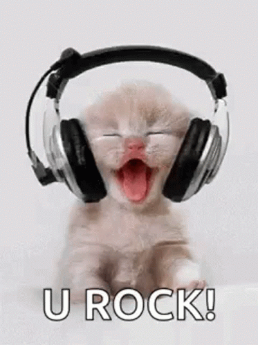 A Kitten Wearing Headphones With Its Mouth Open And The Words `` U Rock ! '' GIF