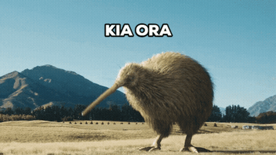 A Kiwi Bird Is Walking In A Field With Kia Ora Written Above It GIF