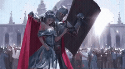 A Knight And A Princess Are Standing Next To Each Other Holding A Shield . GIF