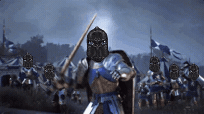 A Knight Holding A Sword And Shield Stands In Front Of A Group Of Soldiers GIF