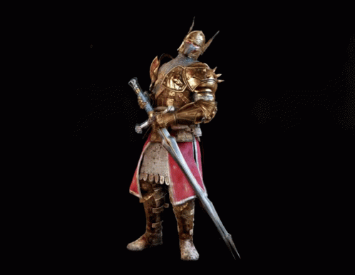 A Knight In Armor Holds A Large Sword In His Right Hand GIF