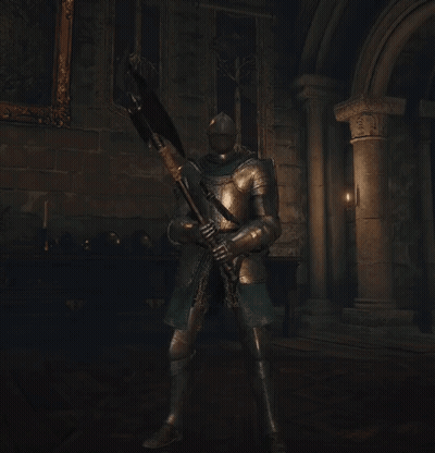 A Knight In Armor Is Holding A Large Sword In A Dark Room GIF