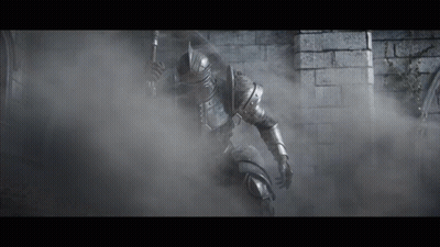 A Knight In Armor Is Holding A Spear In A Foggy Room GIF