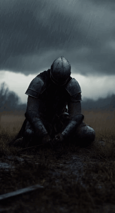 A Knight In Armor Is Kneeling Down In The Grass GIF