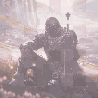 A Knight In Armor Is Kneeling Down With A Sword In His Hand GIF