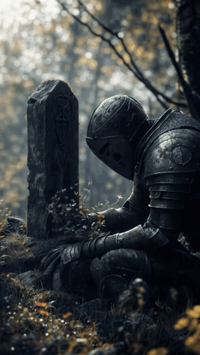 A Knight In Armor Kneeling In Front Of A Gravestone GIF