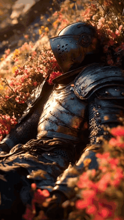 A Knight In Armor Laying In A Field Of Flowers GIF