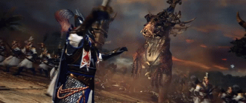A Knight Is Riding A Horse In Front Of A Giant Monster With Horns GIF