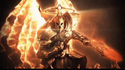 A Knight With A Halo On His Head Is Holding A Spear In Front Of A Fire GIF