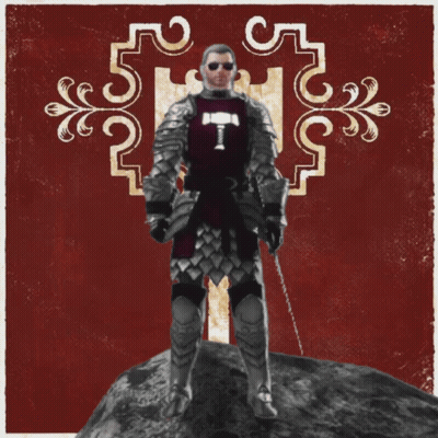 A Knight With A Hammer On His Chest Is Standing On A Rock GIF