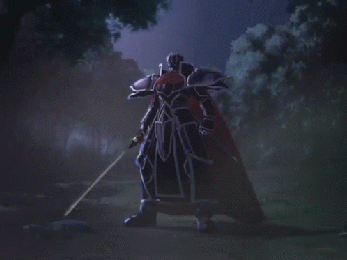 A Knight With A Sword And A Cape Is Standing In The Dark GIF