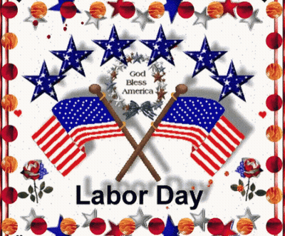 A Labor Day Greeting Card With Crossed American Flags GIF