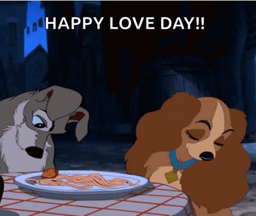 A Lady And The Tramp Cartoon With A Happy Love Day Greeting GIF