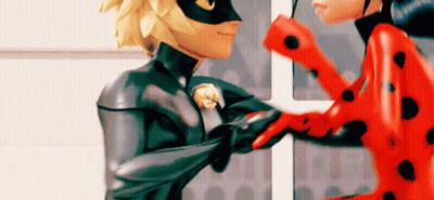 A Ladybug And Cat Noir Are Holding Hands In Front Of A Door GIF