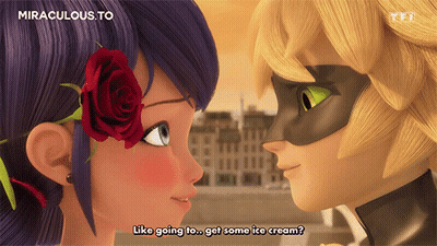 A Ladybug And Cat Noir Are Looking At Each Other And The Ladybug Is Wearing A Rose In Her Hair GIF