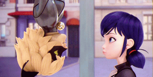 A Ladybug And Cat Noir Are Looking At Each Other In A Cartoon Scene . GIF