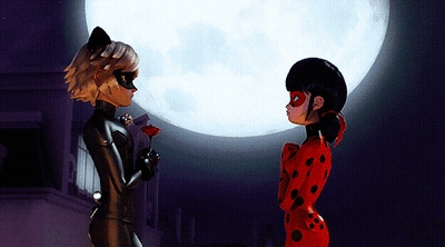 A Ladybug And Cat Noir Are Standing In Front Of A Full Moon GIF