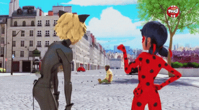 A Ladybug And Cat Noir Are Standing Next To Each Other In A City Street GIF