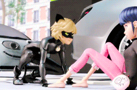 A Ladybug And Cat Noir Are Standing Next To Each Other In Front Of A Car . GIF