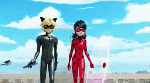 A Ladybug And Cat Noir Are Standing Next To Each Other . GIF