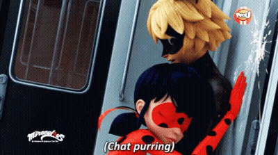 A Ladybug And Cat Noir From Miraculous Are Hugging On A Train GIF