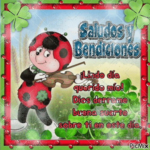 A Ladybug Is Playing A Violin With The Words Saludos Y Bendiciones GIF