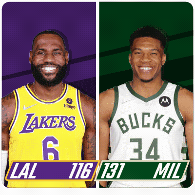 A Lakers And A Bucks Basketball Player Standing Next To Each Other GIF