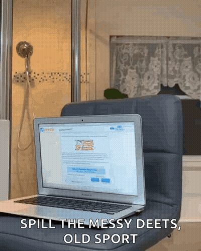 A Laptop Sits On A Chair With The Words Spill The Messy Deets Old Sport Written Below It GIF