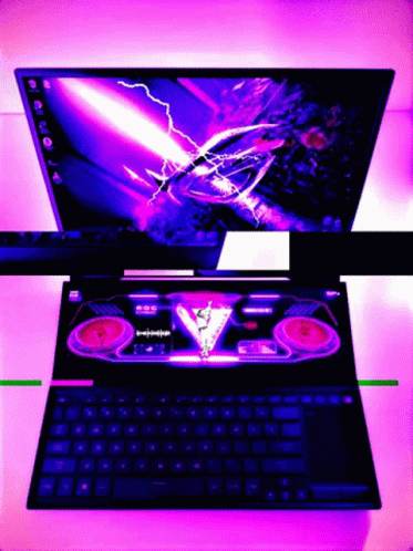 A Laptop With A Purple Lightning Bolt On The Screen And The Word Rog On The Bottom GIF