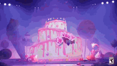 A Large Birthday Cake With Pink Frosting Is On A Stage In A Purple Room . GIF