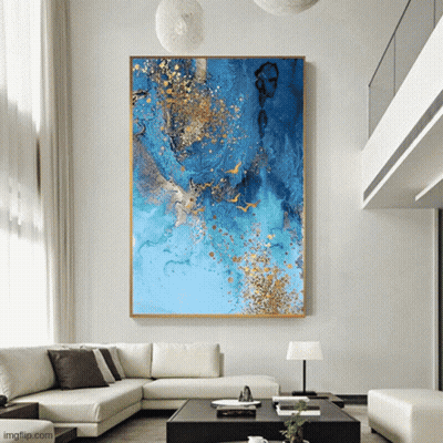 A Large Blue And Gold Painting Hangs Above A Couch GIF