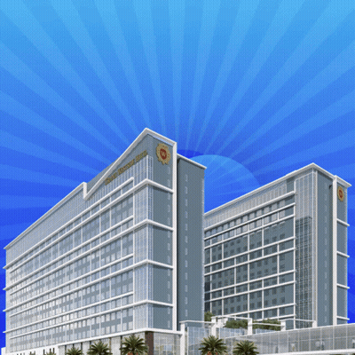 A Large Building With The Words Best Hotel Written On It GIF