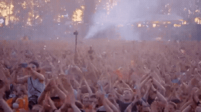A Large Crowd Of People Are Dancing At A Concert . GIF