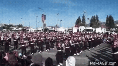 A Large Crowd Of People Are Gathered In A Parade . GIF