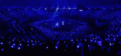 A Large Crowd Of People Are Watching A Concert In A Stadium With Blue Lights GIF
