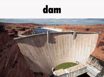 A Large Dam In The Middle Of A Desert With The Word Dam Below It GIF