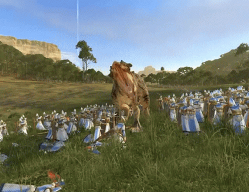 A Large Dinosaur Is Eating A Smaller Dinosaur In A Field GIF