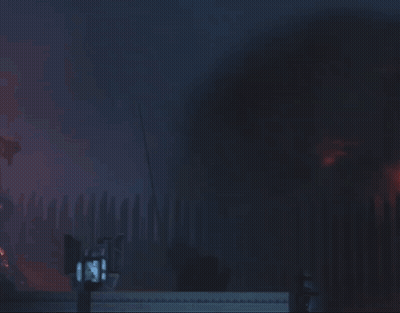 A Large Explosion Is Taking Place In A Dark Room With A Sign That Says ' A ' On It GIF