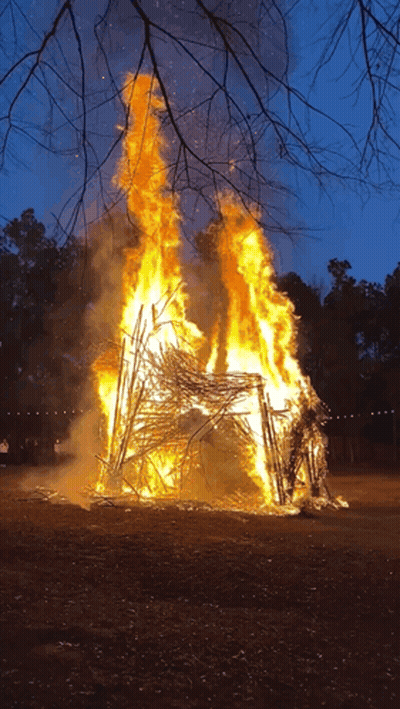 A Large Fire Is Burning In A Field With A Tree In The Background GIF