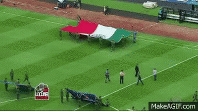 A Large Flag Is Being Displayed On A Soccer Field GIF