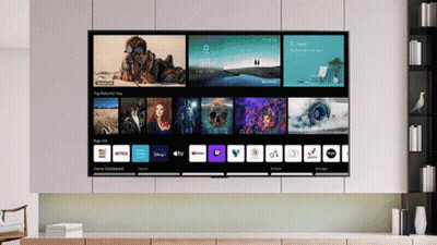 A Large Flat Screen Tv Is Displaying A Home Dashboard With Apps Like Netflix And Youtube GIF