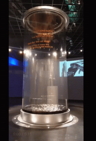 A Large Glass Cylinder With A Sign That Says " See For The Oil Deep " GIF