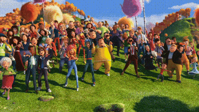 A Large Group Of Cartoon Characters Are Gathered In A Field GIF