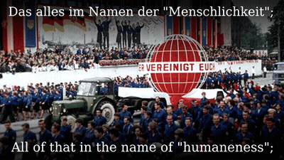 A Large Group Of People Are Gathered In Front Of A Sign That Says Vereinigt Euc GIF