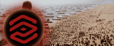A Large Group Of People Are Gathered On A Beach In Front Of A Large Red Circle GIF