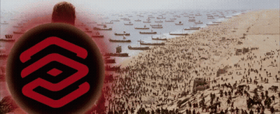 A Large Group Of People Are Gathered On A Beach With A Large Red Circle In The Middle GIF