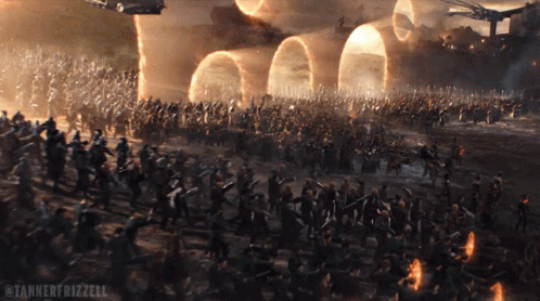 A Large Group Of People Are Standing In A Field With The Words Tannerfrizzell On The Bottom Right GIF